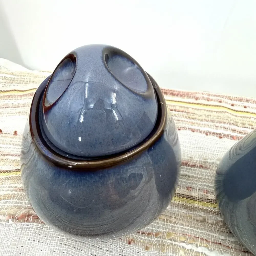 Sango Visions Eggplant Blue with Brown Rim Ceramic Creamer & Sugar Set